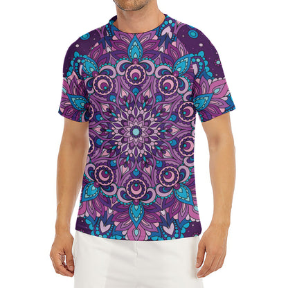 Purple And Blue Mandala Print Men's Short Sleeve Rash Guard