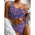 Purple And Blue Mandala Print One Shoulder Bikini Set