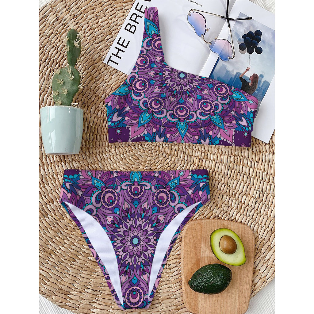Purple And Blue Mandala Print One Shoulder Bikini Top