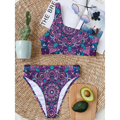 Purple And Blue Mandala Print One Shoulder Bikini Top