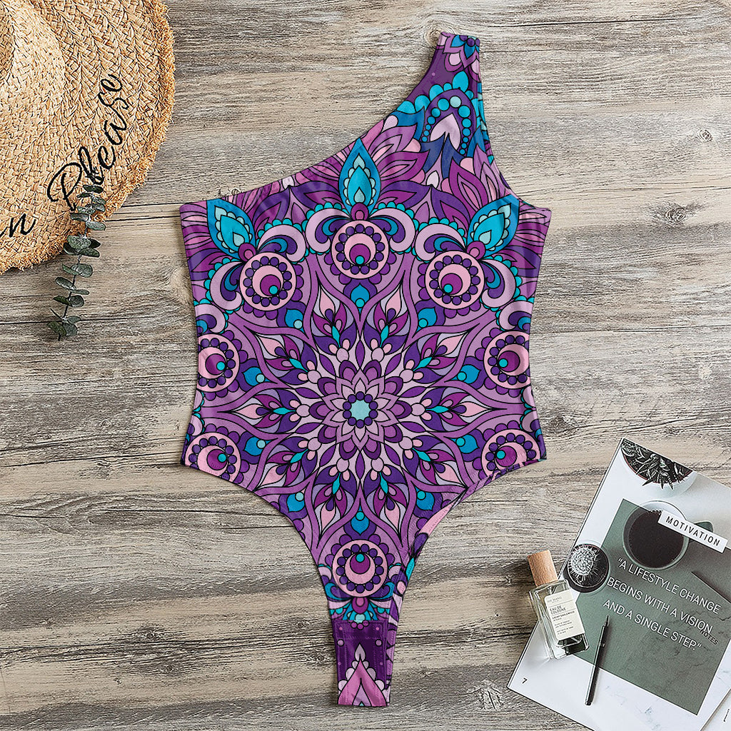 Purple And Blue Mandala Print One Shoulder Bodysuit