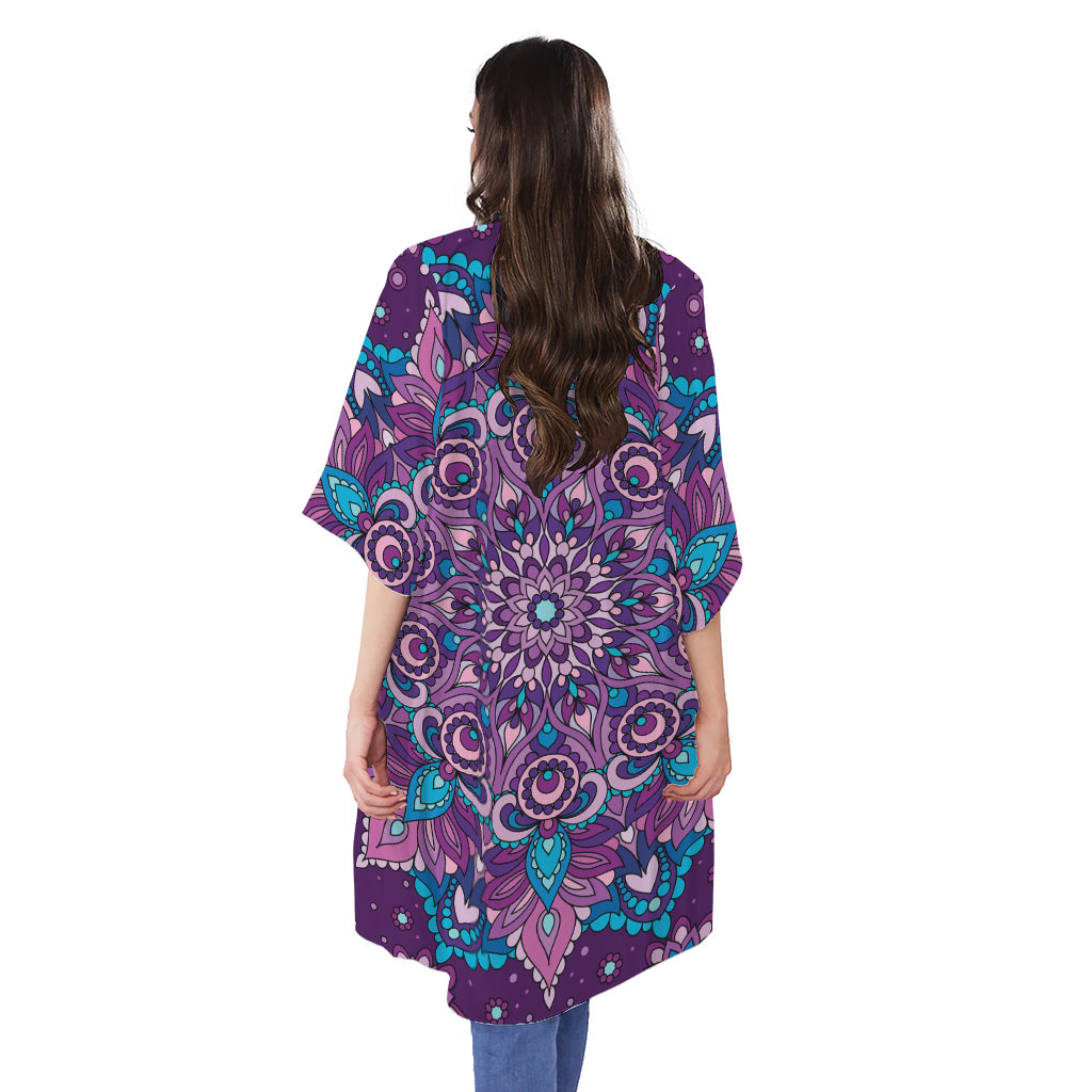 Purple And Blue Mandala Print Open Front Beach Cover Up