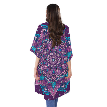 Purple And Blue Mandala Print Open Front Beach Cover Up