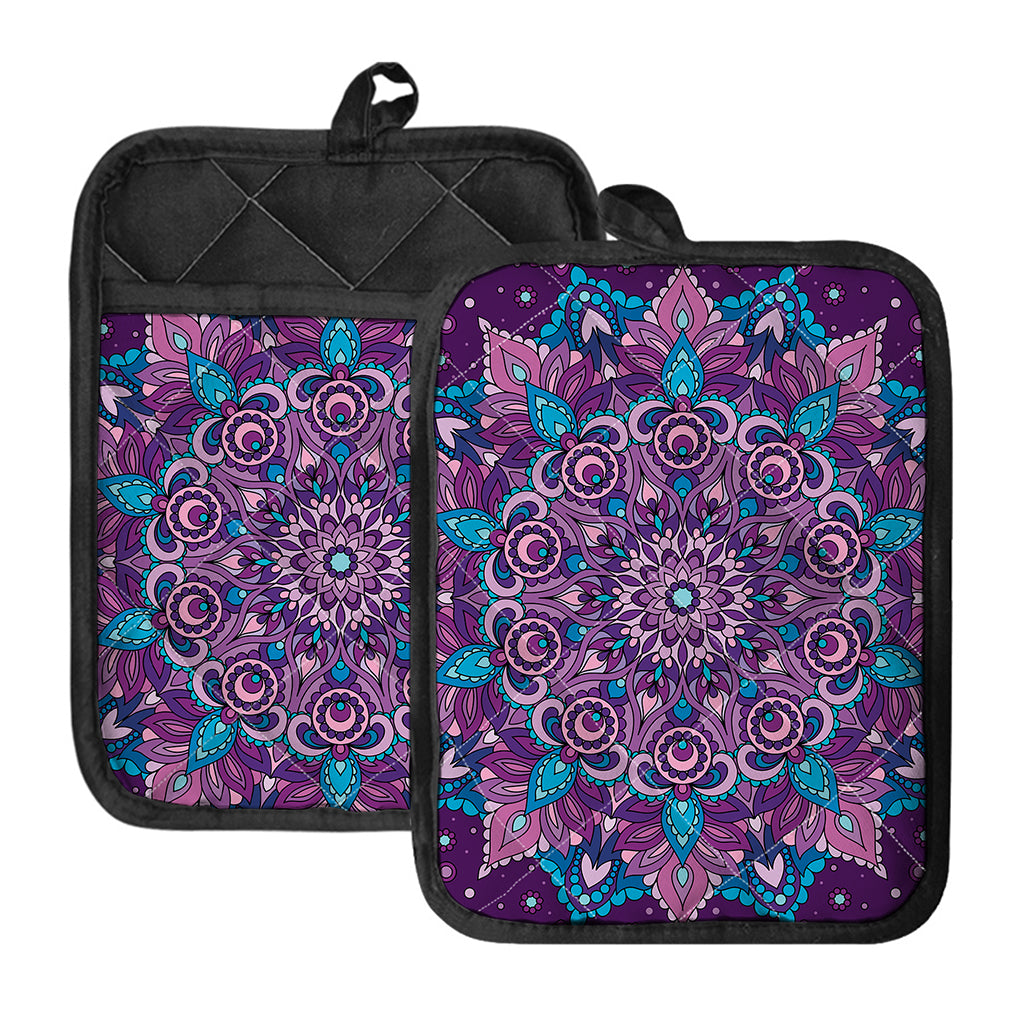 Purple And Blue Mandala Print Pot Holders With Pocket