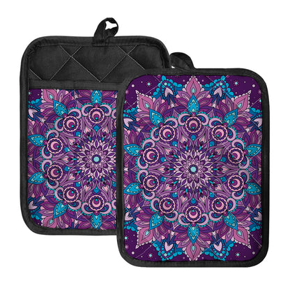 Purple And Blue Mandala Print Pot Holders With Pocket