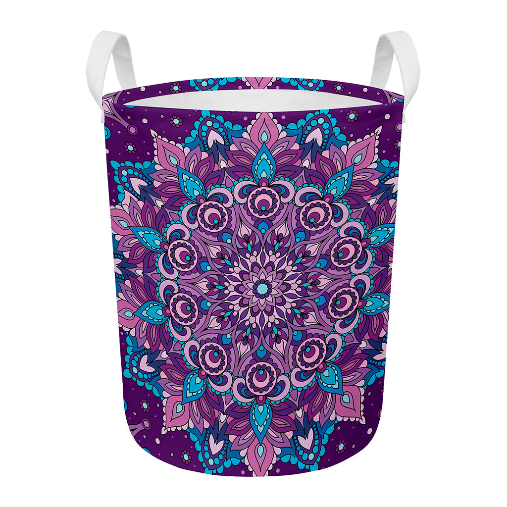 Purple And Blue Mandala Print Round Laundry Basket