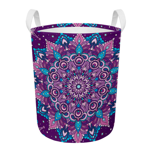 Purple And Blue Mandala Print Round Laundry Basket