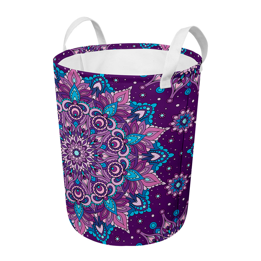 Purple And Blue Mandala Print Round Laundry Basket