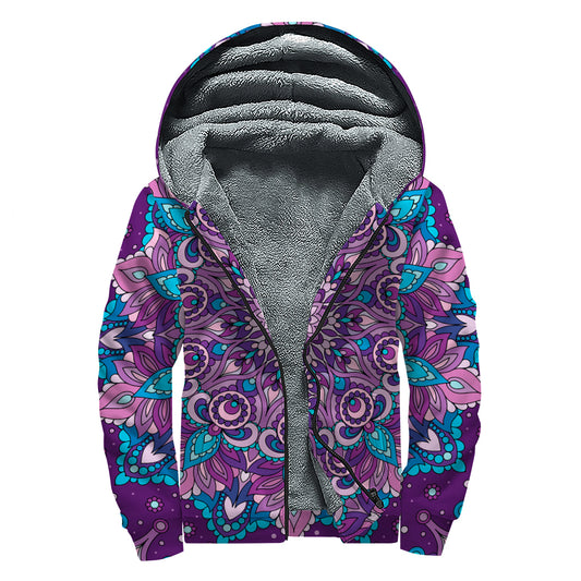 Purple And Blue Mandala Print Sherpa Lined Zip Up Hoodie