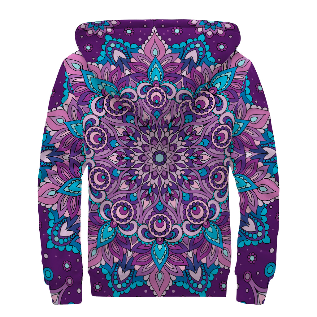 Purple And Blue Mandala Print Sherpa Lined Zip Up Hoodie