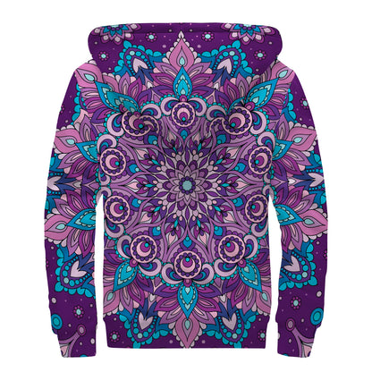 Purple And Blue Mandala Print Sherpa Lined Zip Up Hoodie