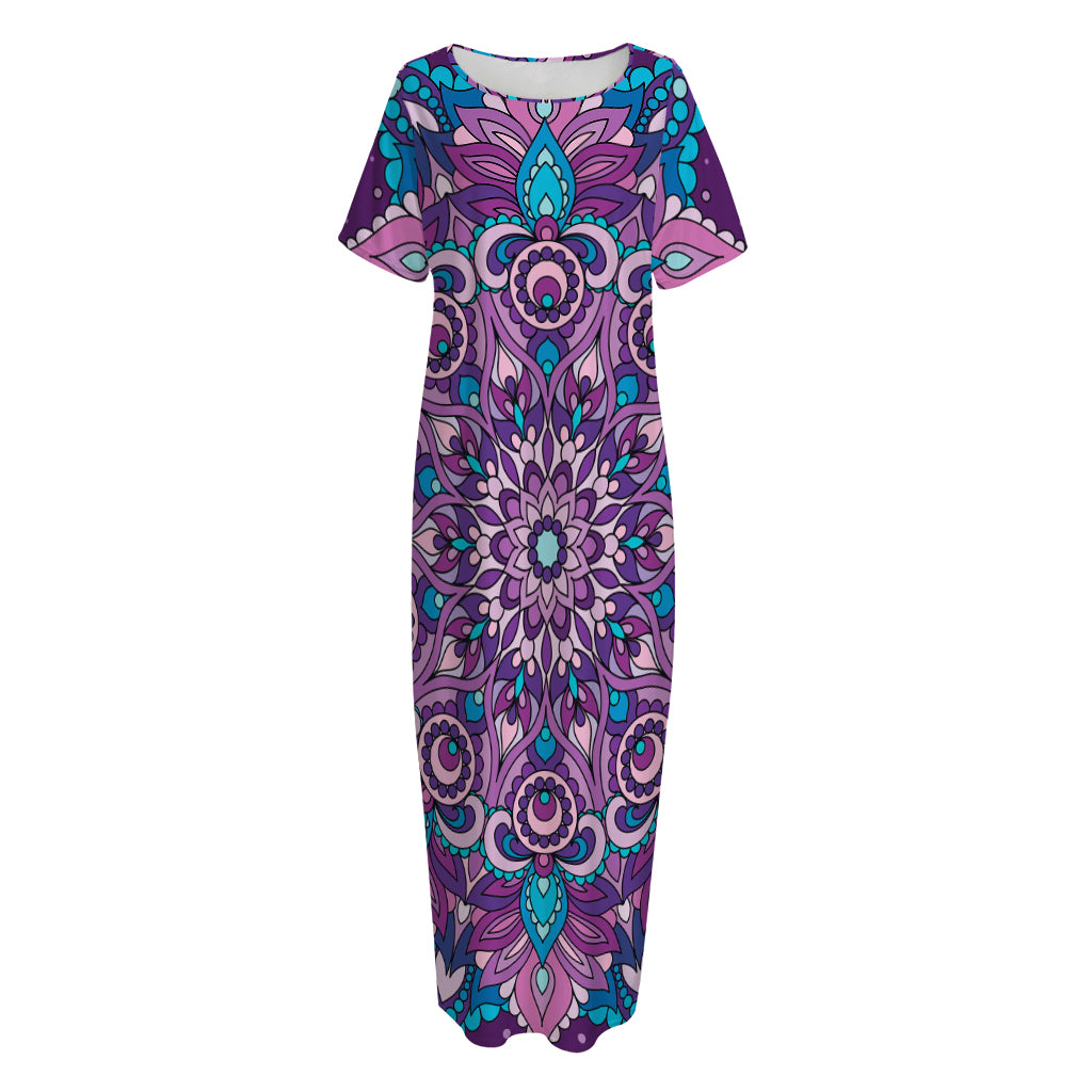 Purple And Blue Mandala Print Short Sleeve Long Nightdress