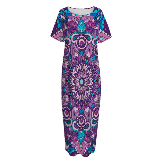 Purple And Blue Mandala Print Short Sleeve Long Nightdress