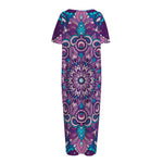 Purple And Blue Mandala Print Short Sleeve Long Nightdress