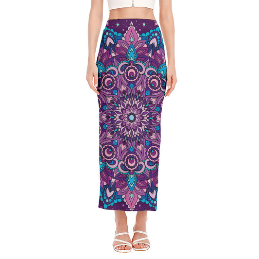 Purple And Blue Mandala Print Side Slit Maxi Skirt