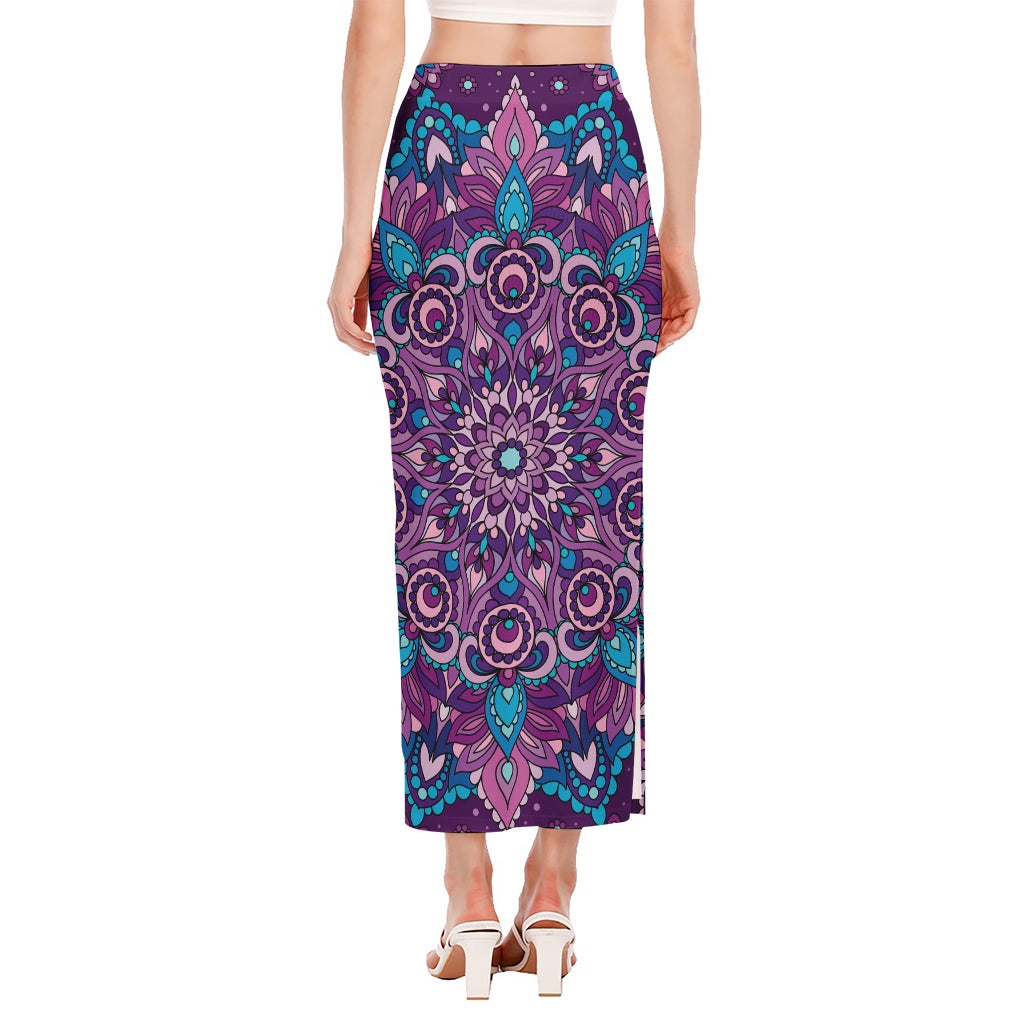 Purple And Blue Mandala Print Side Slit Maxi Skirt