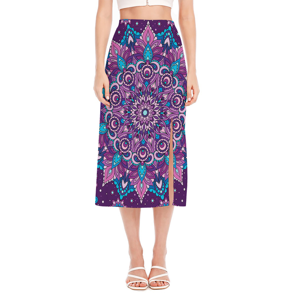 Purple And Blue Mandala Print Side Slit Midi Skirt