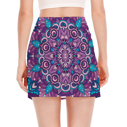 Purple And Blue Mandala Print Side Slit Mini Skirt