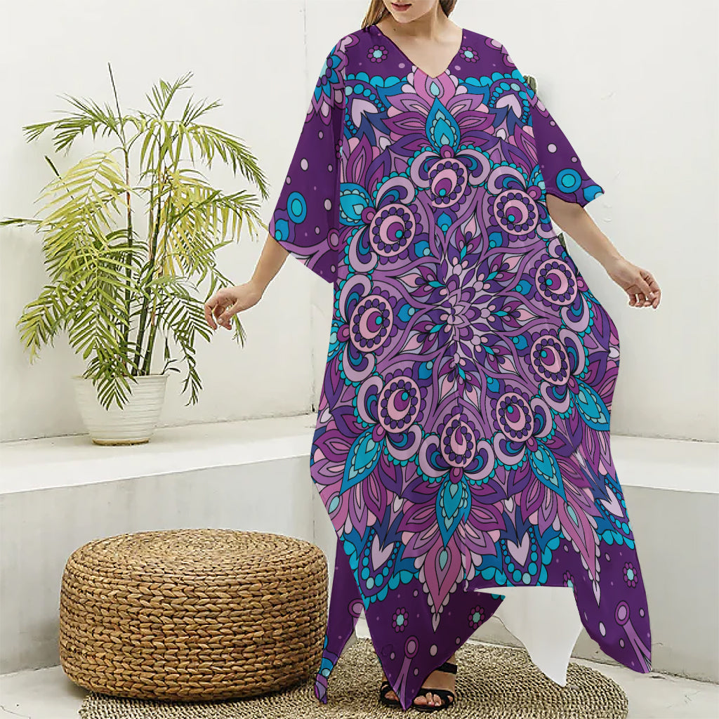 Purple And Blue Mandala Print Silk V-Neck Kaftan Dress