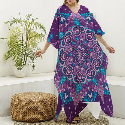 Purple And Blue Mandala Print Silk V-Neck Kaftan Dress