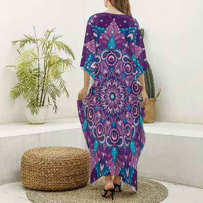 Purple And Blue Mandala Print Silk V-Neck Kaftan Dress