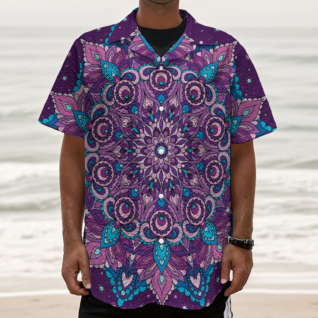 Purple And Blue Mandala Print Textured Short Sleeve Shirt