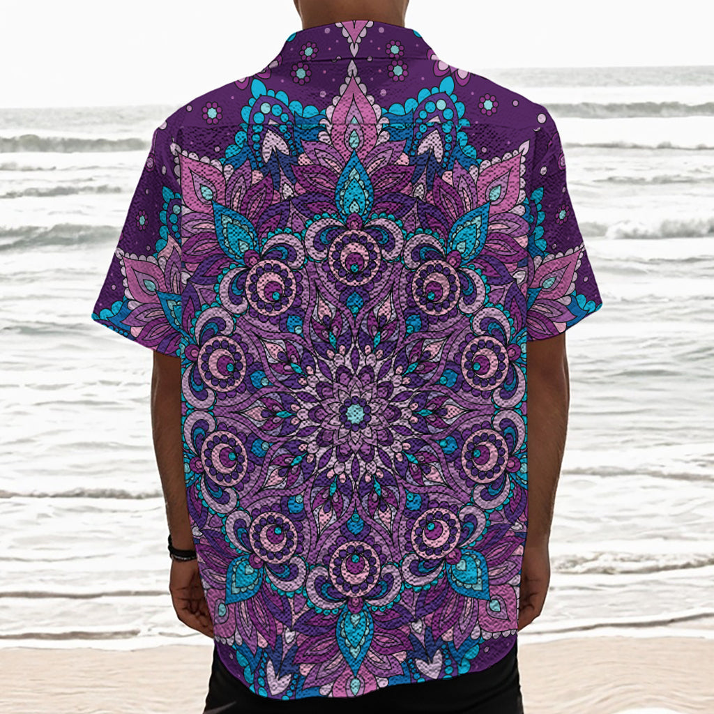 Purple And Blue Mandala Print Textured Short Sleeve Shirt