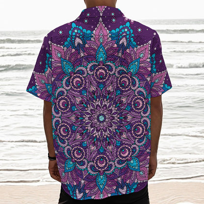 Purple And Blue Mandala Print Textured Short Sleeve Shirt