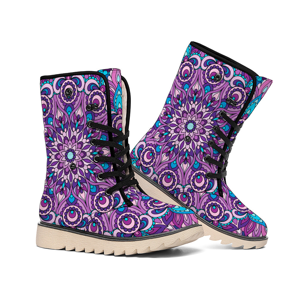 Purple And Blue Mandala Print Winter Boots