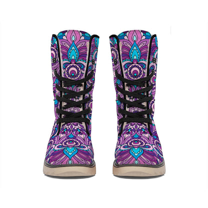 Purple And Blue Mandala Print Winter Boots