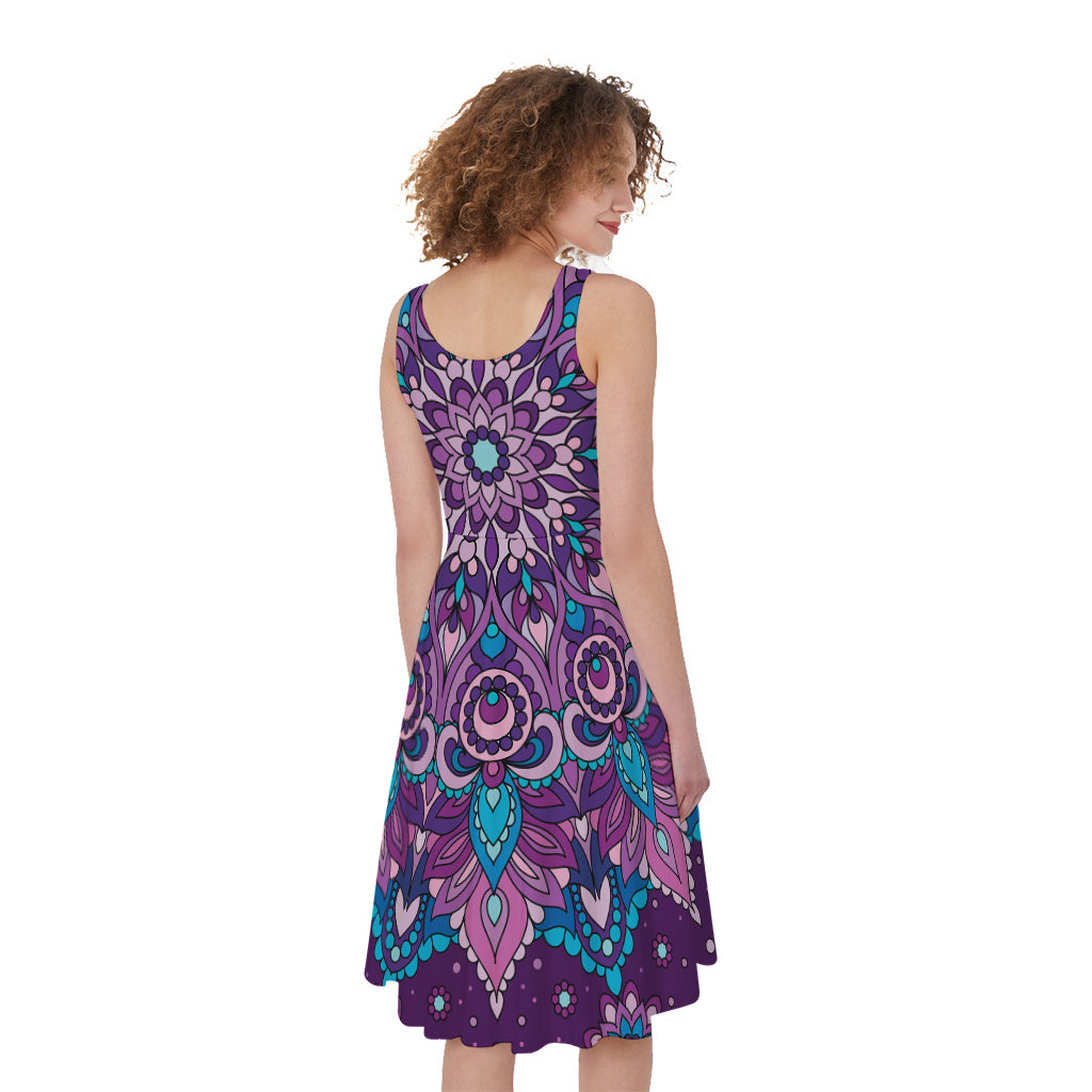 Purple And Blue Mandala Print Women's Sleeveless Dress