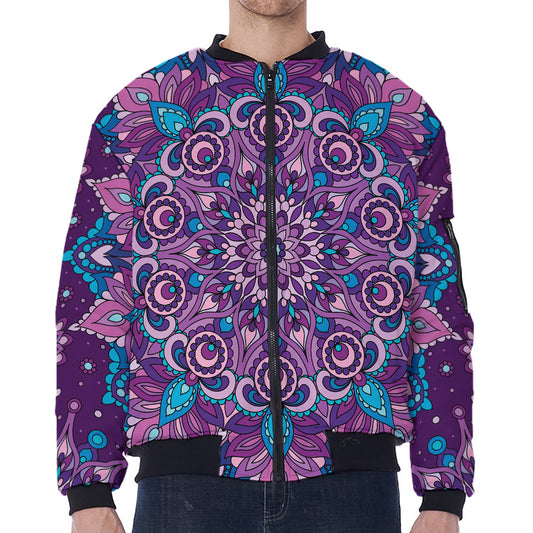 Purple And Blue Mandala Print Zip Sleeve Bomber Jacket