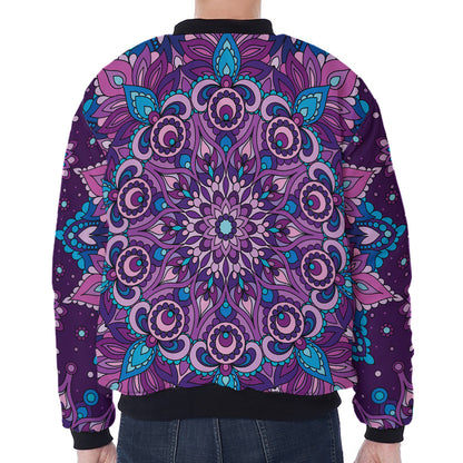 Purple And Blue Mandala Print Zip Sleeve Bomber Jacket