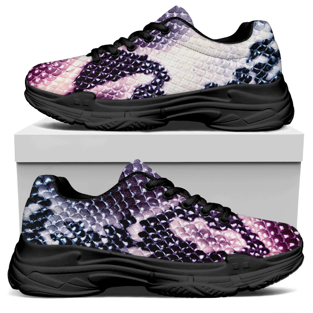 Purple And Blue Snakeskin Print Black Chunky Shoes