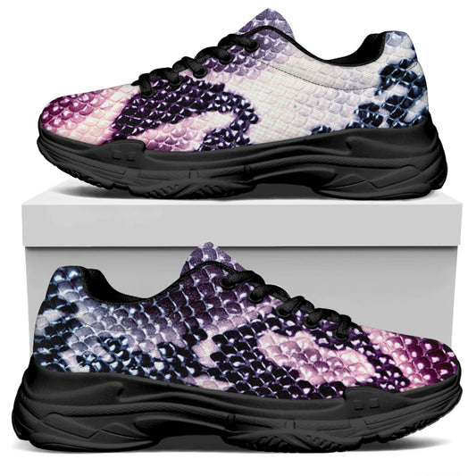 Purple And Blue Snakeskin Print Black Chunky Shoes