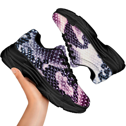 Purple And Blue Snakeskin Print Black Chunky Shoes