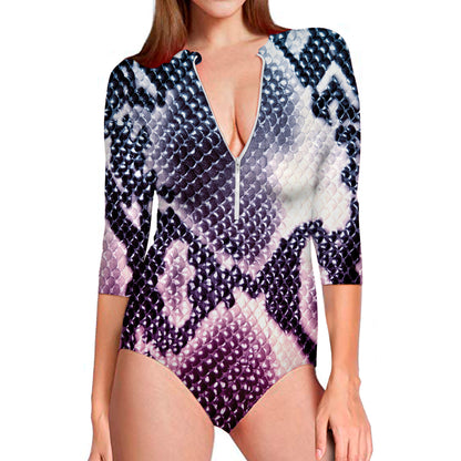 Purple And Blue Snakeskin Print Long Sleeve Swimsuit