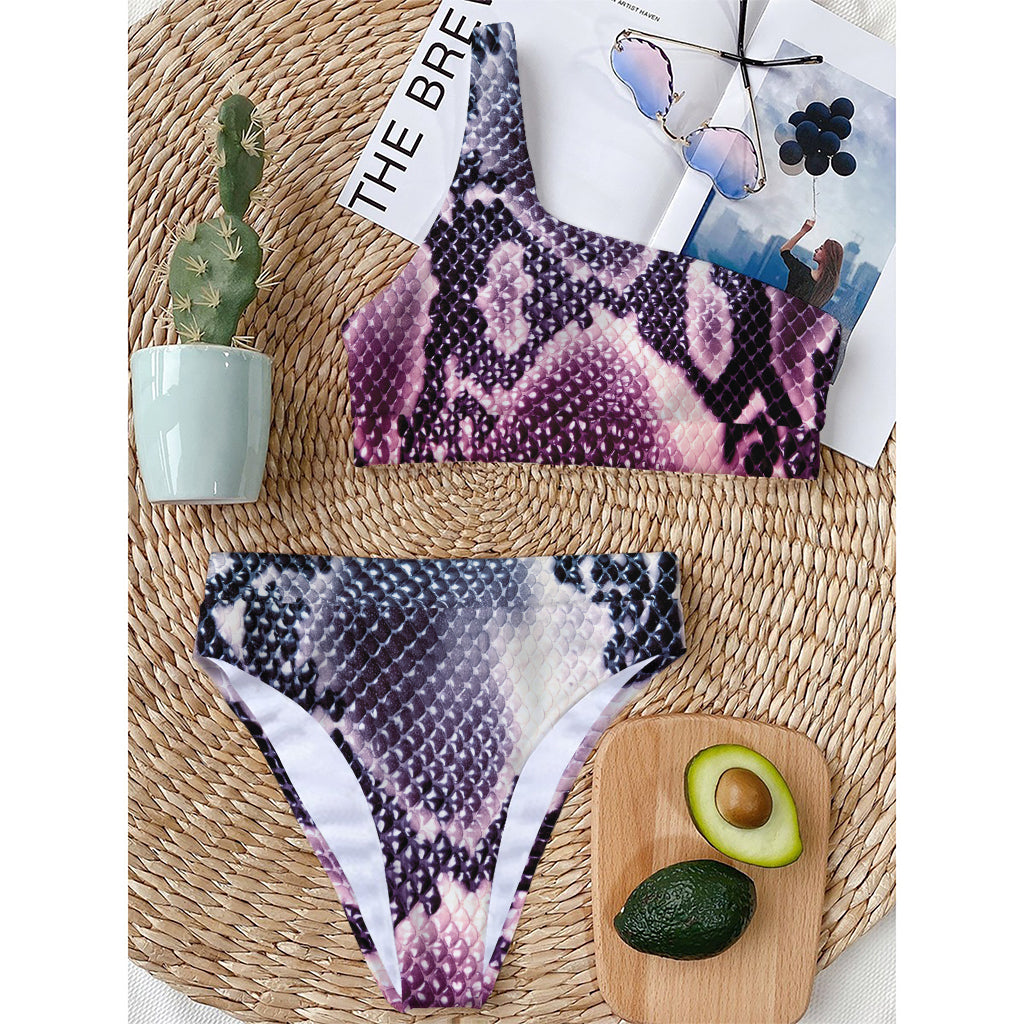Purple And Blue Snakeskin Print One Shoulder Bikini Top