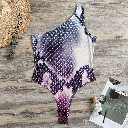 Purple And Blue Snakeskin Print One Shoulder Bodysuit