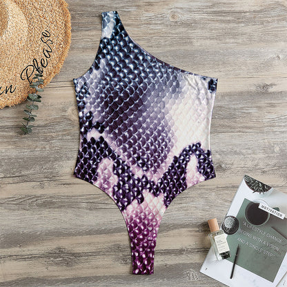 Purple And Blue Snakeskin Print One Shoulder Bodysuit