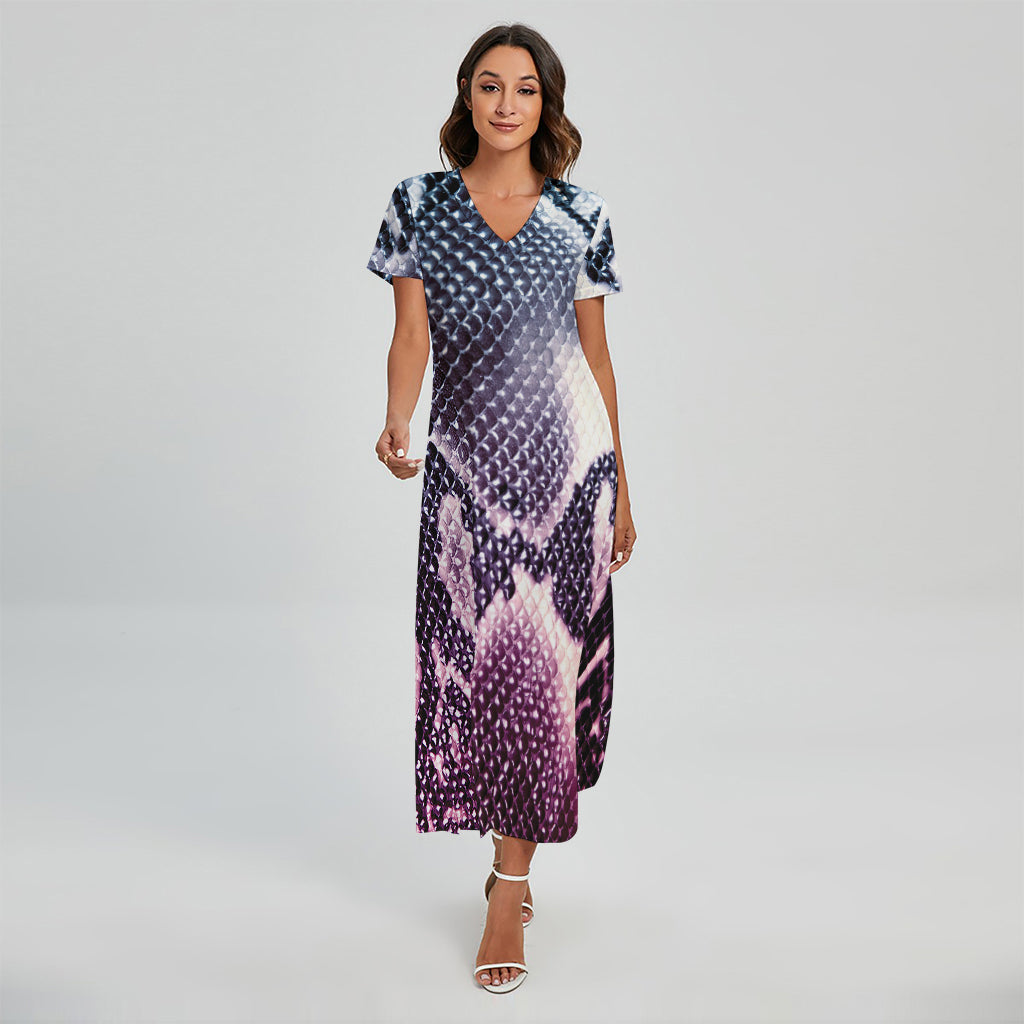Purple And Blue Snakeskin Print Short Sleeve Maxi Dress