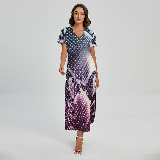 Purple And Blue Snakeskin Print Short Sleeve Maxi Dress