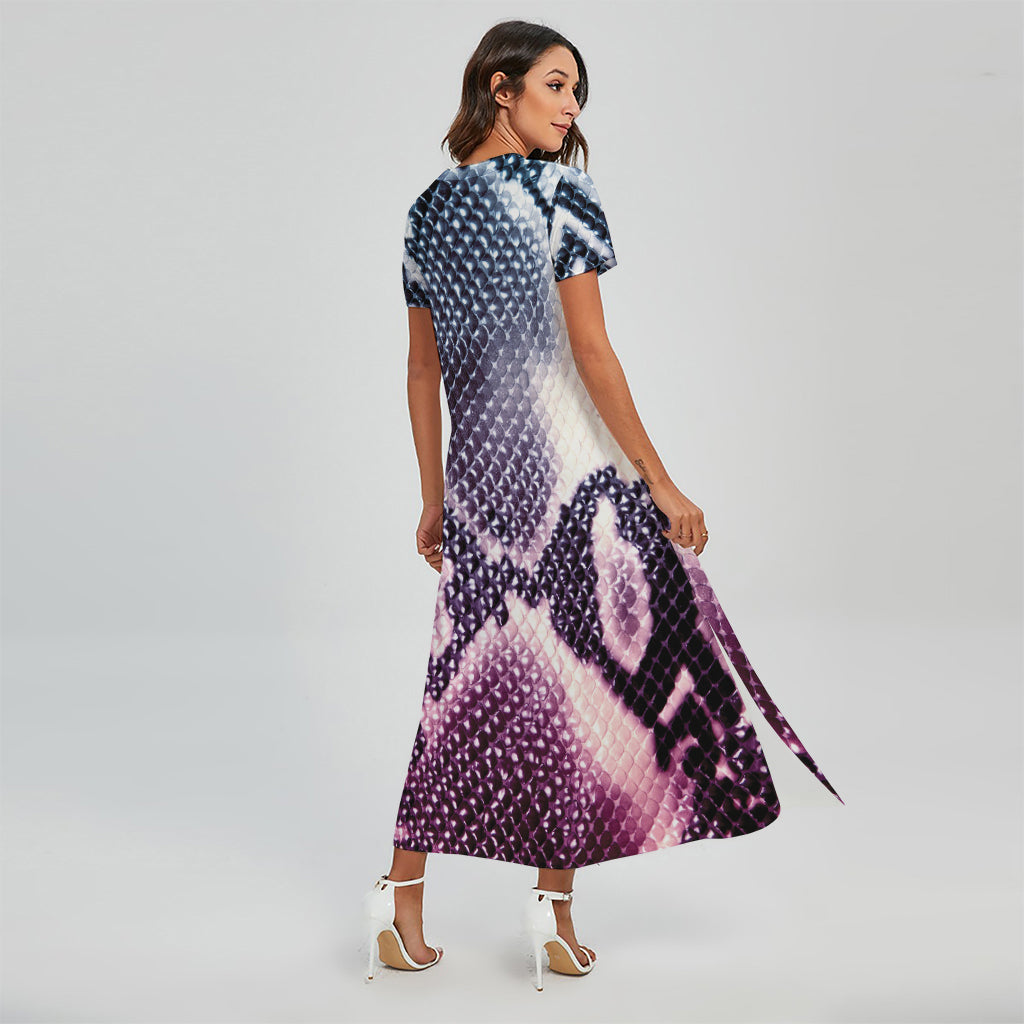 Purple And Blue Snakeskin Print Short Sleeve Maxi Dress