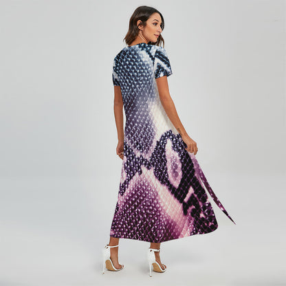 Purple And Blue Snakeskin Print Short Sleeve Maxi Dress