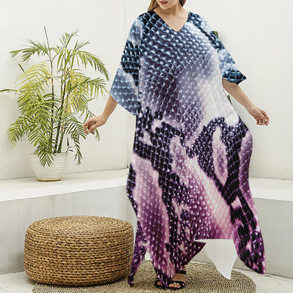 Purple And Blue Snakeskin Print Silk V-Neck Kaftan Dress