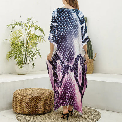 Purple And Blue Snakeskin Print Silk V-Neck Kaftan Dress