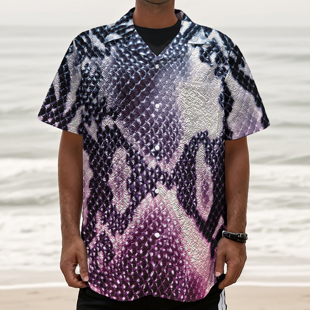 Purple And Blue Snakeskin Print Textured Short Sleeve Shirt