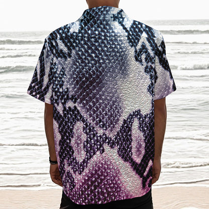 Purple And Blue Snakeskin Print Textured Short Sleeve Shirt