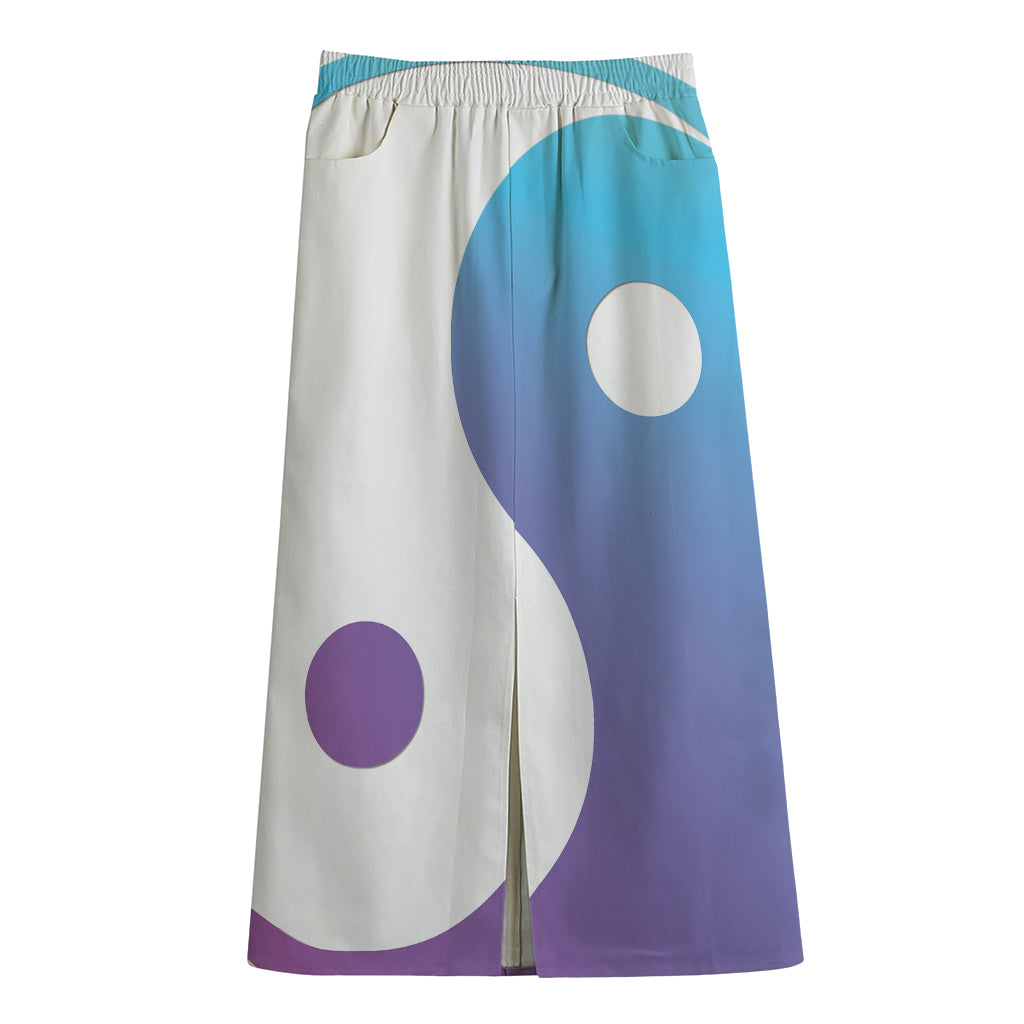 Purple And Blue Yin Yang Print Cotton Front Slit Maxi Skirt