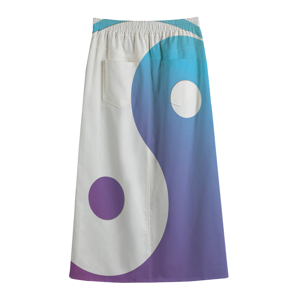 Purple And Blue Yin Yang Print Cotton Front Slit Maxi Skirt